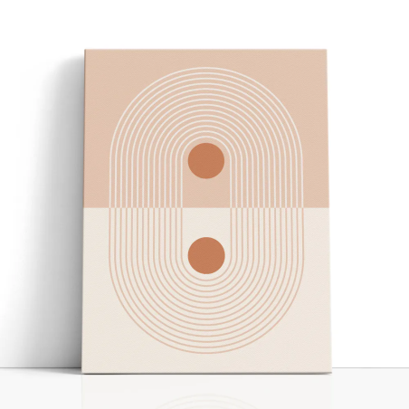 Cuadro en lienzo abstracto con arcos concéntricos en tonos crema y arena, círculos terracota y composición geométrica minimalist