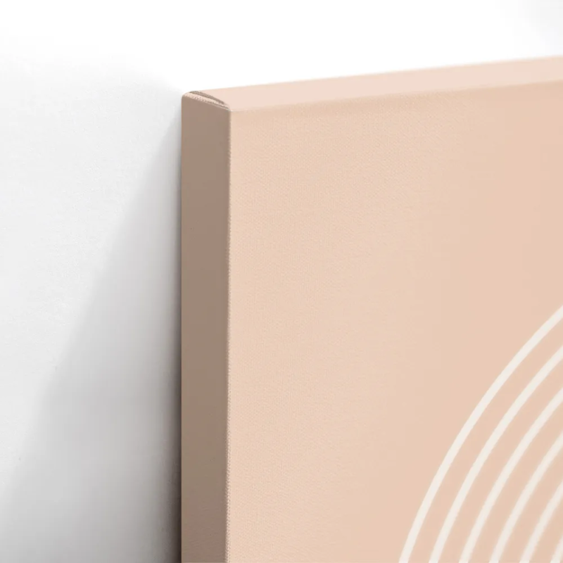 Cuadro en lienzo abstracto con arcos concéntricos en tonos crema y arena, círculos terracota y composición geométrica minimalist