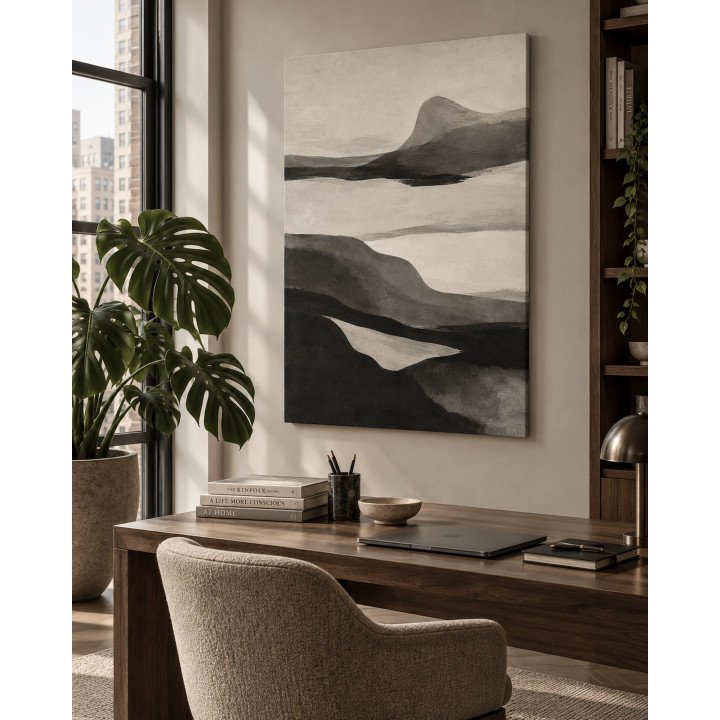 Entre Horizontes: paisaje abstracto en gris y negro. Lienzo tensado en bastidor. LASACA.